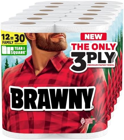Brawny Tear-A-Square 3-Ply Paper Towels, 12 XL Family Rolls = 30 Regular Rolls, Strong, Absorbent, and Durable with 3 Sheet Sizes (Quarter, Half, Full)