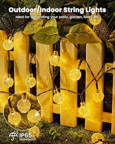 Solar String Lights Outdoor Waterproof, 2 Pack 60 LED 36.5 FT Each, Solar Powered Patio Lights with 8 Lighting Modes for Garden Yard Porch Wedding Party Decor (Warm White)