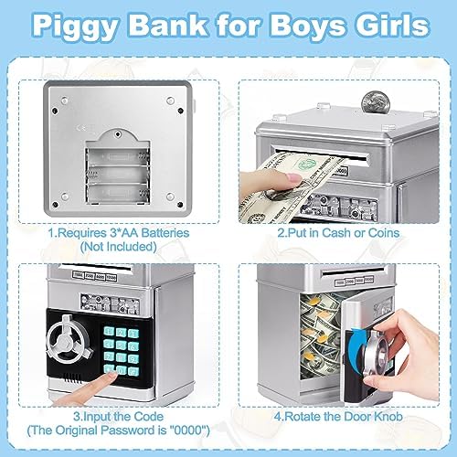 Refasy Piggy Bank Cash Coin Can ATM Bank Electronic Coin Money Bank for Kids Age 3-12, Money Savings Box Mini ATM Coin Bank Toys Gifts for 3 4 5 6 7 8 9 10 11 12 Year Old Boys Girls