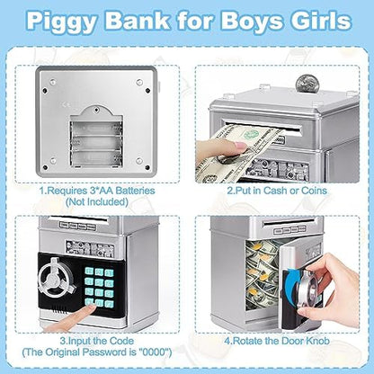 Refasy Piggy Bank Cash Coin Can ATM Bank Electronic Coin Money Bank for Kids Age 3-12, Money Savings Box Mini ATM Coin Bank Toys Gifts for 3 4 5 6 7 8 9 10 11 12 Year Old Boys Girls