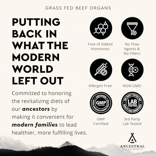 Ancestral Supplements Grass Fed Beef Organ Supplement, Supports Whole Body Wellness with Proprietary Blend of Liver, Heart, Kidney, Pancreas, Spleen, Freeze-Dried Beef, Non-GMO, 180 Capsules