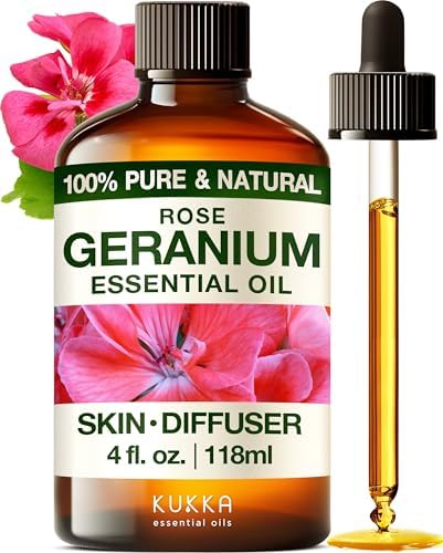 Kukka Rose Geranium Essential Oil for Skin - 4 Fl Oz - 100% Pure Natural Geranium Oil for Diffuser & Aromatherapy - Soap Making Scent & DIY