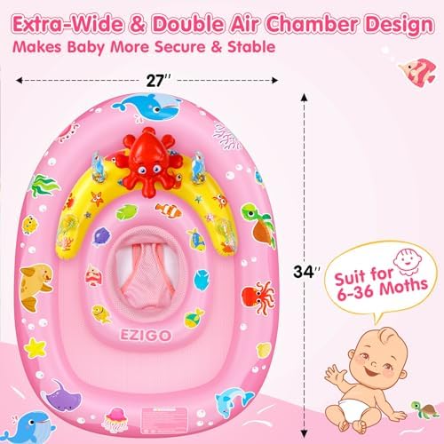 EZIGO Baby Pool Float with Canopy UPF50+ Sun Protection, Inflatable Kids Pool Floats with Ocean Animal Toys for Baby 6-36 Months, Infant Swimming Float with Adjustable Safety Seat for Boys Girls