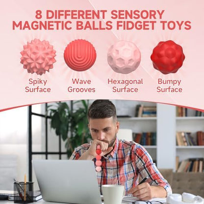 Silicone Magnetic Fidget Balls Toys, 8Pcs Attraction Textures Sensory Fidget Ball Toy with Silicone Shell for for Adults,Silent Desk Magnetic Stress Balls Fidget Toys, Stocking Stuffers for Teen Gifts