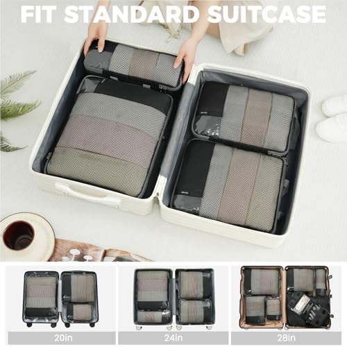 BAGAIL 4 Set/6 Set/8 Set Compression Packing Cubes Travel Accessories Expandable Packing Organizers (Half Mesh, 8-Jet Black)