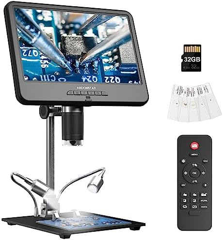 Andonstar AD210 10.1 Inch LCD Digital Microscope for Adults, Soldering Microscope for Electronics Repair, Coin Microscope Camera Full View for Error Coins with Light, Biological Slides Kit, 32G Card
