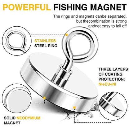 DIYMAG Super Strong Neodymium Fishing Magnets, 500 lbs(227 KG) Pulling Force Rare Earth Magnet with Countersunk Hole Eyebolt for Retrieving in River and Magnetic Fishing,Diameter 2.36 inch(60 mm)