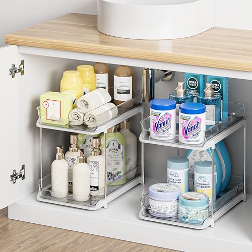 Delamu 2 Sets of 2-Tier Multi-Purpose Bathroom Under Sink Organizers and Storage, Stackable Kitchen Pantry Organization, Pull Out Medicine Cabinet Organizer with 8 Movable Dividers