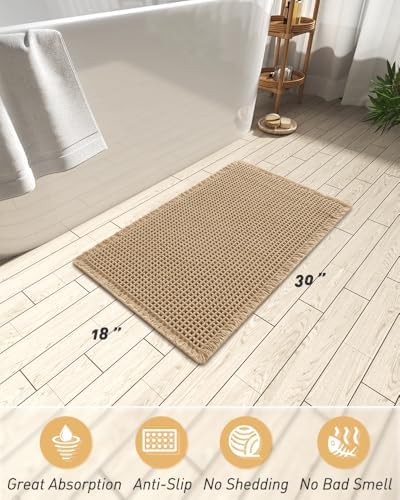 AMOAMI Upgraded Waffle Bath Mat, Super Absorbent Non Slip Bath Mats for Bathroom Floor, Machine Washable Bathroom Rugs with Tassels, Rubber Backed Bathroom Mats, Ultra Soft, 18" x 30", Brown