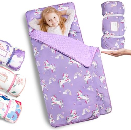 Primlect Thickened Toddler Nap Mat with Removable Pillow and Minky Blanket, Extra Large 55''x35'' Sleeping Bag, Washable, Roll up, Perfect for Daycare, Preschool, Kindergarten, Boys and Girls Unicorn