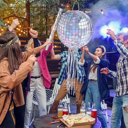 WERNNSAI Disco Ball Piñata - Disco Party Decoration for Adult Birthday Party Supplies Hanging Disco Piñata with Bat Blindfold Mirror Roller Skating Pull String, 12.2” x 12.2”