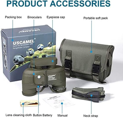 USCAMEL 10X50 Marine Binoculars for Adults with Rangefinder Compass, Waterproof Marine Binoculars for Sailing Boating Fishing