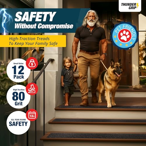 Outdoor Stair Treads Non Slip 30" x 6" - 12-Pack Weather Resistant Exterior Grip Tape for Wooden Steps - Non Slip Stair Treads - Anti Skid Strips - Waterproof 80-Grit Adhesive Treads by Thunder Grip