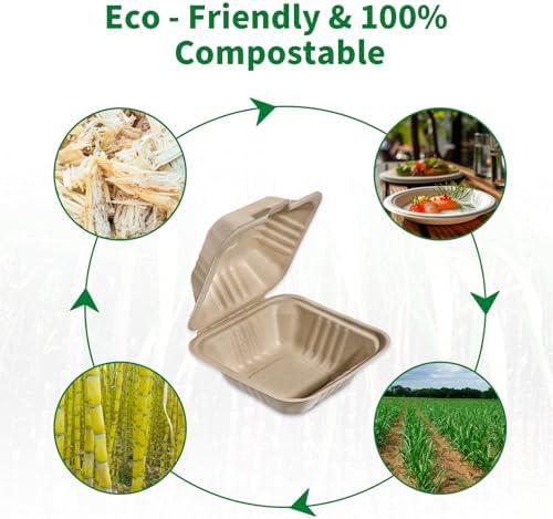 Aricsen Compostable 50 Pack 6x6 Inch Disposable Square Small Lunch Box Takeout Containers with Lid To Go Take Out Clamshell for Food, Eco-Friendly Biodegradable Bagasse, PFAS-Free, Unbleached Brown