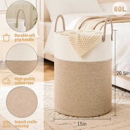 Laundry Basket,Woven Cotton Rope Laundry Hamper,60L for Decor Storage of Dirty Clothes,Toys and Blankets in Bathroom,Baby Room and Living Room