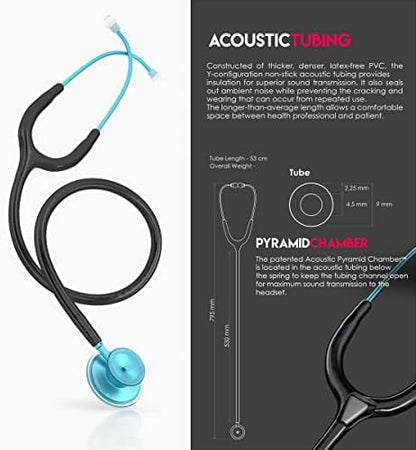 MDF Instruments Engravable - Acoustica Lightweight Custom Stethoscope for Doctors, Nurses, Students, Home Health Use, Adult, Dual Head, Black Tube, Aqua Chestpiece-Headset, MDF747XPAQ11-ENGRAVING