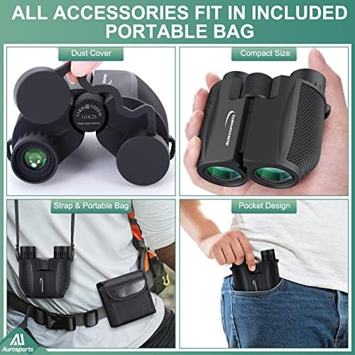 Aurosports 10x25 Binoculars for Adults and Kids, Large View Compact Binoculars with Low Light Vision, Easy Focus Small Binocular for Bird Watching Outdoor Travel Sightseeing Concert Hunting Hiking