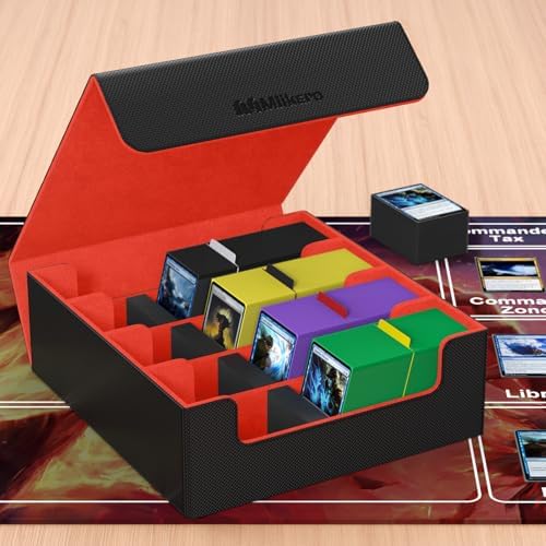 Mlikero Card Deck Case, 2400+ Trading Card Storage Box with 10 Colorful Dividers and 4 Foam Stoppers, Leather Magnetic Closure Commander Deck Box Fit for MTG, TCG (4 Rows, Black&Red)