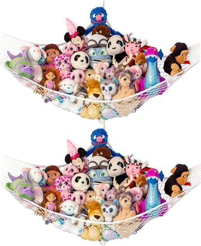 Lilly's Love Large Stuffed Animal Hammock | Corner Hanging Organizer, Stuffed Animal Storage | Easy to Hang Plushie Net w/Included Anchors & Hooks | Cute Room & Bedroom Decor (White, 2 Pack)