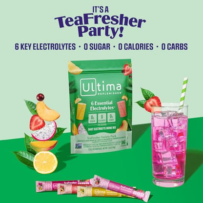 Ultima Replenisher TeaFresher Daily Electrolytes Powder and Instant Tea Mix – Sugar Free – Variety Pack, 16 Stickpacks - Hydration Packets with 4 Fruit and Tea Fusions, 6 Key Electrolytes