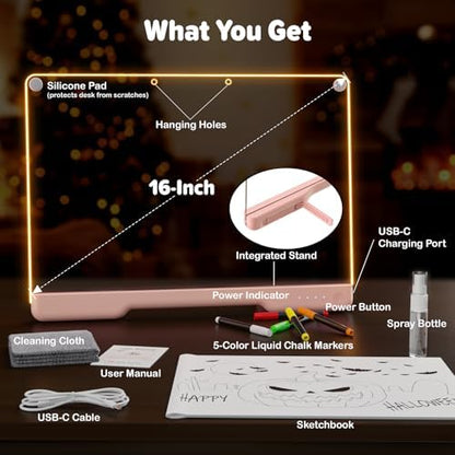 16-Inch Rechargeable Doodle Glow LED Note Board, 7-Color Light Modes, Neon Art Dry Erase Light Up Drawing Pad with Built-in Stand, Sketching Gift Toy for Kids/Girls/Teens, 5 Markers & Tracing Book