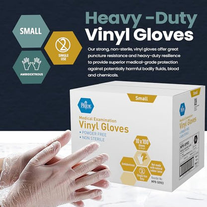 MED PRIDE Medpride Medical Vinyl Examination Gloves | Latex and Powder Free | Disposable, Ultra-Strong, Clear (1000, Small (Pack of 1000))