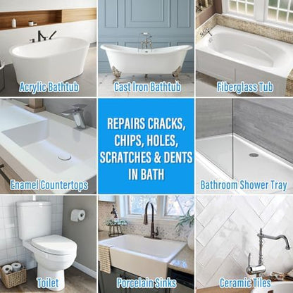 Tub Repair Kit White, Tub Chip and Bathtub Repair Kit for Enamel, Fiberglass, Acrylic, Porcelain, Patch and Repairs Chips, Crack, Scratches, Rust, Holes on Tubs, Toilet, Sink, Shower, Tray in Bathroom
