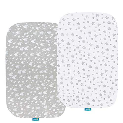 Bassinet Sheets Compatible with Baby Delight Beside Me Dreamer Bassinet, 2 Pack, 100% Jersey Knit Cotton Fitted Sheets, Breathable and Heavenly Soft, Grey and White Print for Baby