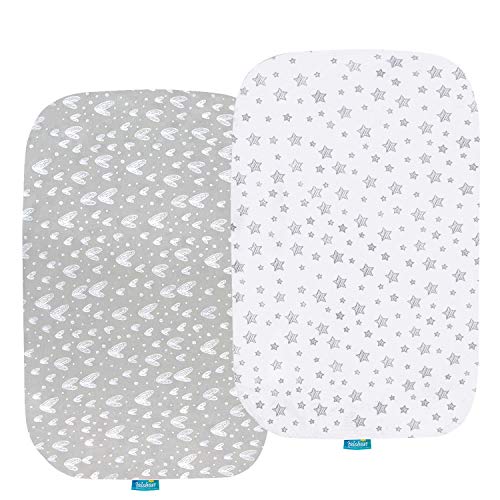 Bassinet Sheets Compatible with Baby Delight Beside Me Dreamer Bassinet, 2 Pack, 100% Jersey Knit Cotton Fitted Sheets, Breathable and Heavenly Soft, Grey and White Print for Baby