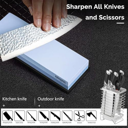 Intelitopia Complete Knife Sharpening Stone Set – Dual Grit Whetstone 400/1000 3000/8000 Knife Sharpener with Leather Strop, Flattening Stone, Bamboo Base, 3 Non-slip Rubber Bases & Angle Guide