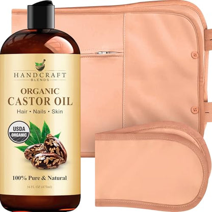 Handcraft Blends Castor Oil Pack Wrap - Organic Castor Oil 16 oz with Reusable Wraps - Durable Comfortable Pack Wraps for Neck and Stomach with Adjustable Elastic Straps