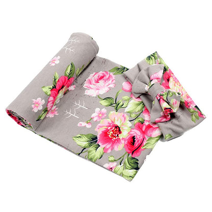 Galabloomer Newborn Receiving Blanket Headband Set Baby Flower Rose Swaddle with Big Bow (Gray)