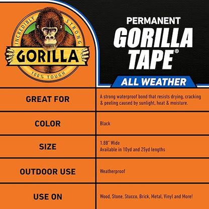 Gorilla All Weather Duct Tape, Black, 1.88" x 25 yd (Pack of 6) - UV and Temperature Resistant Waterproof Tape for Outdoor Repairs