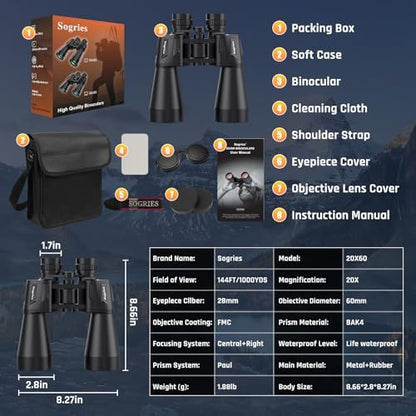 20x60 Binoculars for Adults High Powered, Waterproof & Fog Proof Compact Binoculars for Bird Watching with Low Light Vision, Hunting,Travel,Includes Carrying Bag