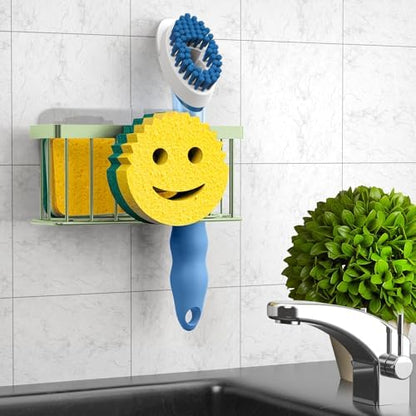Sponge Holder Smiley Face,Sink Caddy,Sink Organizer with 2 Suction Cups/1 Adhesive Strips,Designed for Sponge,Soap,Dish Brush,Scrubber - Green