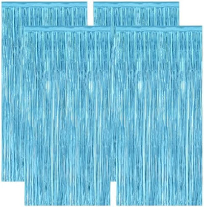4 Pack Party Decorations, 3.28 FT x 7.05 FT Blue Foil Streamers, Metallic Sky Blue Backdrop Fringe Curtains Bithday Back Drop, Winter Backdrop for Party Supplies Door Decor Hanging