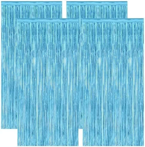 4 Pack Party Decorations, 3.28 FT x 7.05 FT Blue Foil Streamers, Metallic Sky Blue Backdrop Fringe Curtains Bithday Back Drop, Winter Backdrop for Party Supplies Door Decor Hanging