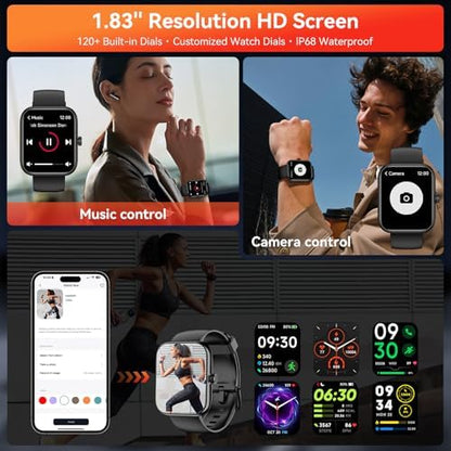 Smart Watch with Alexa Built-in, 1.83" HD Touchscreen Fitness Tracker, Bluetooth Notifications/Calls, IP68 Waterproof, 120+ Sport Modes, 24/7 Heart Rate & Sleep Monitor for iPhone Android iOS (Black)
