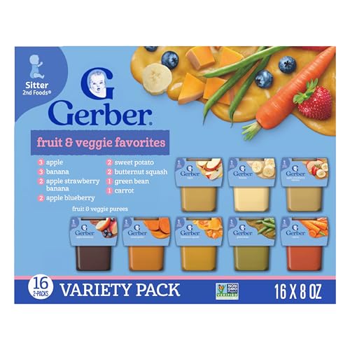 Gerber Purees 2nd Foods Veggie & Fruit Variety Pack, 8 Ounces, Box of 16 (Packaging May Vary)