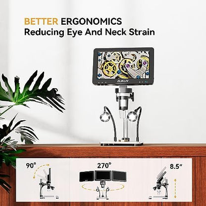 Elikliv 1200X Digital Microscope 7'' Screen, 1080P Coin Magnifier with 12MP Camera Sensor, 10 LED Lights - Microscope for Adults, Windows/Mac OS Compatible, Model EDM9