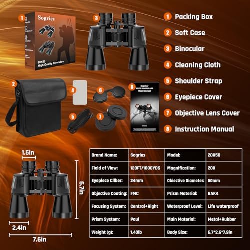 20x50 High Power Binoculars for Adults with Low Light Night Vision,Military Compact HD Professional/Daily Waterproof Binoculars for Bird Watching Hunting/Traveling/Outdoor…