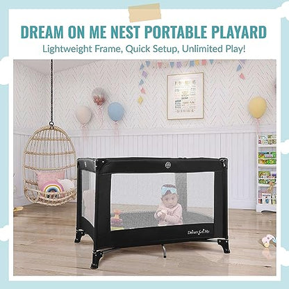 Dream On Me Nest Portable Playard in Black with Carrybag an Shoulder Strap, Lightweight, Packable and Easy Setup Baby Playard, Breathable Mesh Sides and Soft Fabric - Comes with a Removable Padded Mat