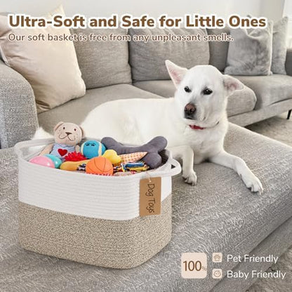 Goodpick Woven Storage Basket, Cotton Rope Basket for Dog Toys, Books, Stylish Gift Basket with Handles, 13 x 10 x 9 Inches Square Baskets for Organizing, Brown and White