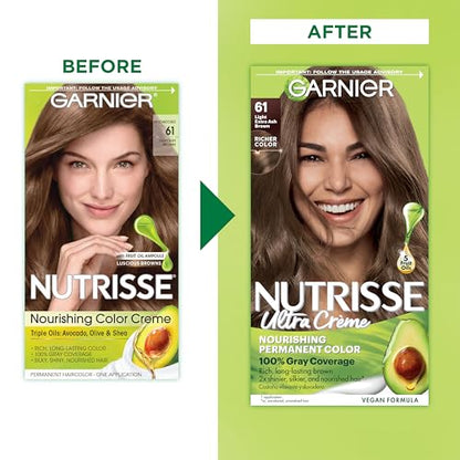 Garnier Hair Color Nutrisse Nourishing Creme, 61 Light Extra Ash Brown (Mochaccino) Permanent Hair Dye, 2 Count (Packaging May Vary)