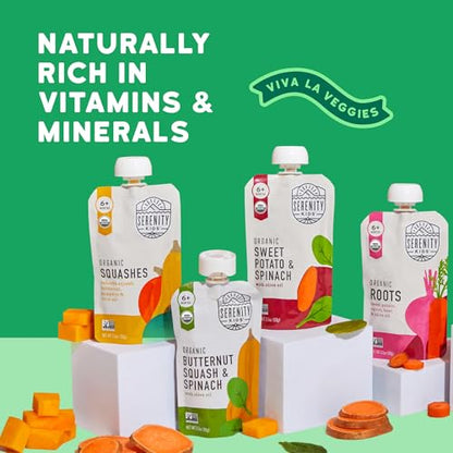 Serenity Kids 6+ Months Veggie Puree Organic Baby Food Pouches - No Added Sugar, Allergen-Free & BPA-Free Baby Snacks - 3.5 Oz, 8 Pack
