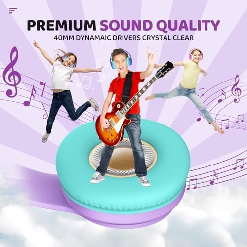 Kids Bluetooth Headphones, Lightweight Wireless Headphones for Kids, 85/94dB Volume Limited, 60 Hours Playtime, Bluetooth 5.3, Over-Ear Toddler Headsets with Built-in Mic-Purple
