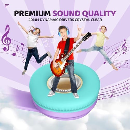 Kids Bluetooth Headphones, Lightweight Wireless Headphones for Kids, 85/94dB Volume Limited, 60 Hours Playtime, Bluetooth 5.3, Over-Ear Toddler Headsets with Built-in Mic-Purple