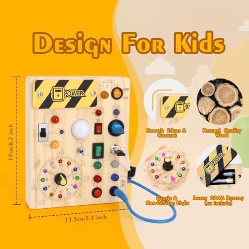 Montessori Toys Clock Wooden Busy Board with 11 LED Light switches, Tooddler Sensory Travel Toys for 1+ Year Old Baby and Toddler
