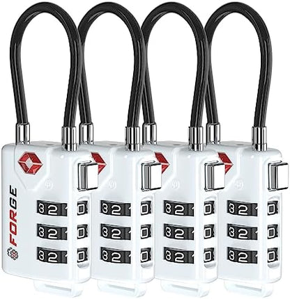 TSA Approved Cable Luggage Locks, Re-settable Combination with Alloy Body (White 4 Locks)