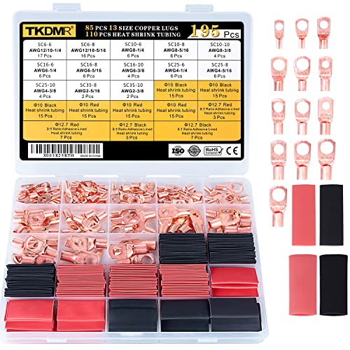 TKDMR 195Pcs Copper Wire Lugs AWG2 4 6 8 10 12 with Heat Shrink Set, 85Pcs Battery Cable Lugs Battery Cable Ends Ring Terminals Connectors with 110Pcs Heat Shrink Tubing Assortment Kit